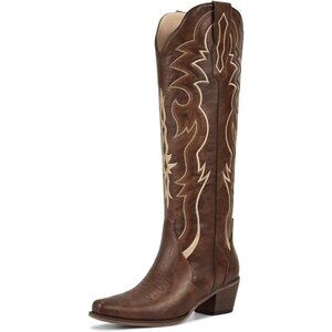 Women's Matte Brown Knee High Cowgirl Tall Boots with Classic Retro Embroidered
